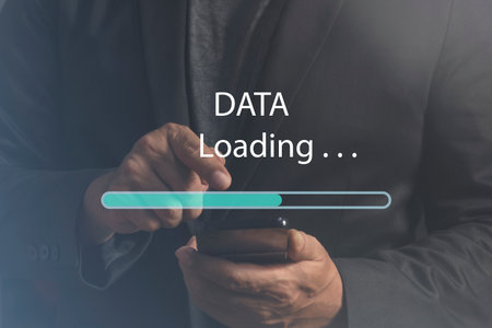 Man using mobile smartphone for download application and waiting to loading from online server,...