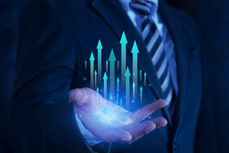 Businessman hand holding rising arrow-up growth in futuristic style. Successful plan or strategy,...
