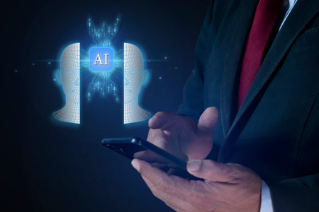 Businessman touch screen with a smartphone Internet access. Ai technology, Artificial Intelligence.