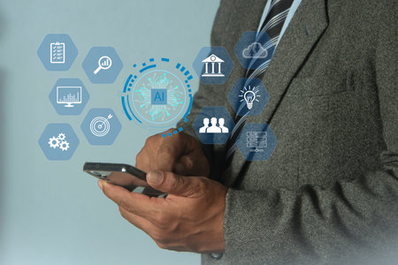 Businessman touch smartphone. AI Learning and Artificial Intelligence. Digital transformation technology strategy, IoT, internet of things. enhancing global business capabilities.の写真素材