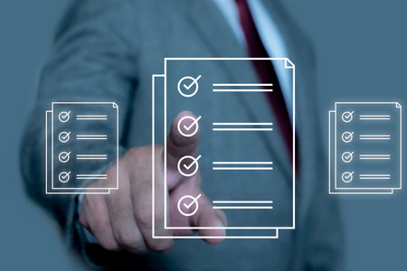 Businessman check and check mark on document online. Businessman tick off questionnaire, Business...