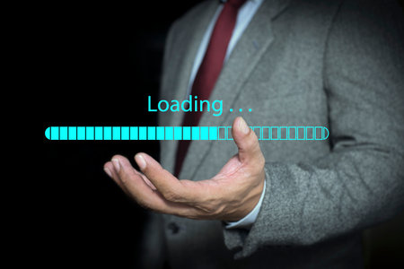Businessman shows the sign of download application and waiting to loading from online server,...