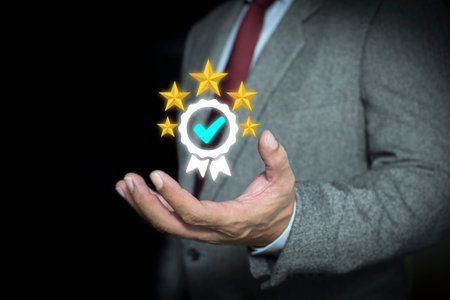 Businessman shows the sign of the top service Quality assurance 5 star, Guarantee, Standards, ISO...
