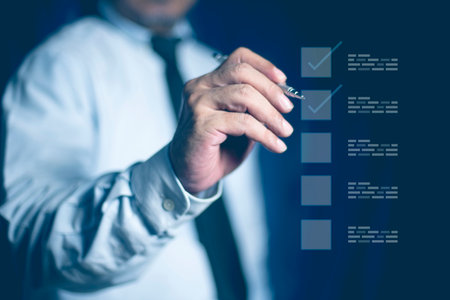 Businessman use a pen checklist on virtual screen document management system and process automation...