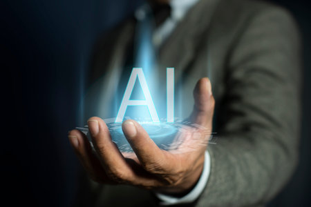 AI (Artificial Intelligence) concept. Hand Businessman using technology Global Internet connect Chat...