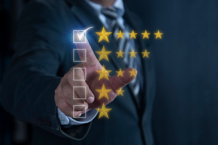 Businessman touch on five-star icon for feedback review satisfaction service, Customer service...