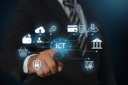 Businessman touching ai artificial intelligence technology, brain digital network communication. ICT. Information and communication technology on virtual screen.の写真素材