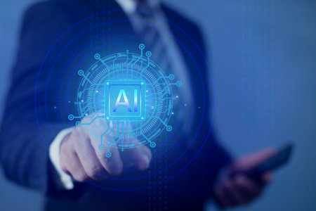 Businessman hand touching screen interface AI (Artificial Intelligence) concept. Future technology virtual screen interface.の写真素材