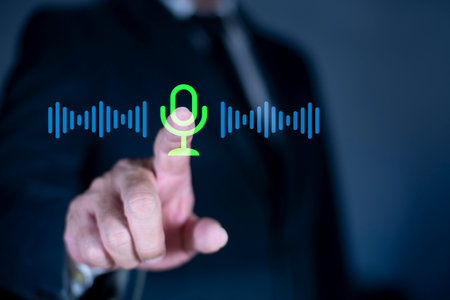 Man touching microphone icon. Use your voice to direct AI to search for information on Internet....