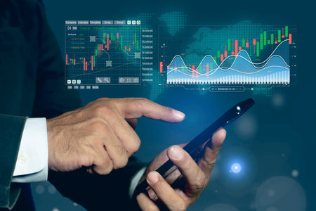 Businessman analyzing forex trading graph financial data. Stock Market Investments Funds and Digital...