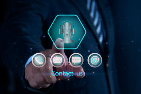 Businessman touch hologram of voice chat. Chat conversation assistant, Contact us or Customer...