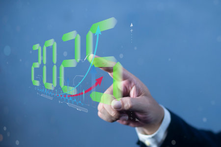 Businessman analyzes business growth plan in 2025, touching increase arrow graph company future...