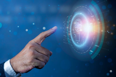 Businessman hand touching connecting with ai brain. Artificial intelligence Machine Learning...