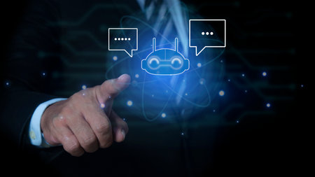 Businessman working with digital chatbot, robot application, conversation assistant, AI Artificial Intelligence concept, digital chatbot on virtual screen.の写真素材