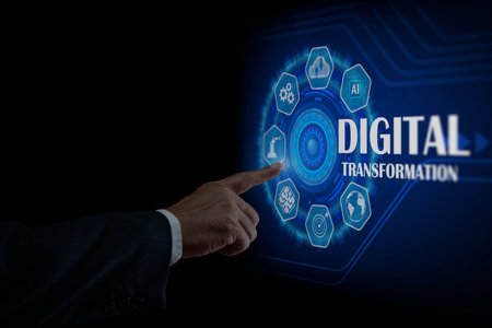 Businessman touching Digital Transformation conceptual for next generation technology era. Process...