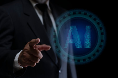 Businessman touching on screen interface AI (Artificial Intelligence). Tech ai analyzing data. Technology artificial intelligence analysis. Ai analyst machine learning.の写真素材