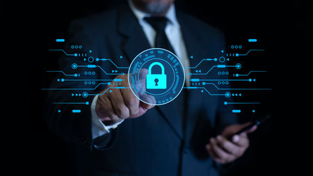 Businessman pointing padlock icon and internet technology networking. protecting data personal...