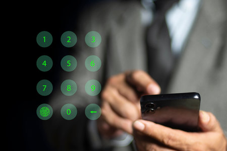 Passcode lock interface for screen login on smartphone with hand entering password and fingerprint icon, security of cyber technologies control or allow access to information, systems, and privacy.の写真素材