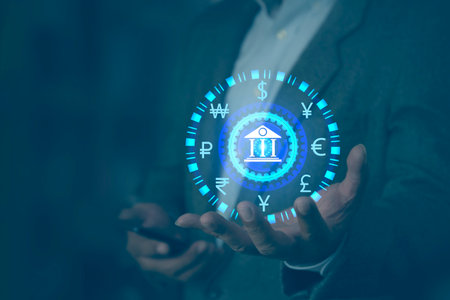 Businessman hand holding global currency concept, money, finance on virtual screen. Dollar, Yuan, Yen Euro, Rupee, Ruble, KRW and pound sterling sign.  Concept about forex currency exchange.の写真素材