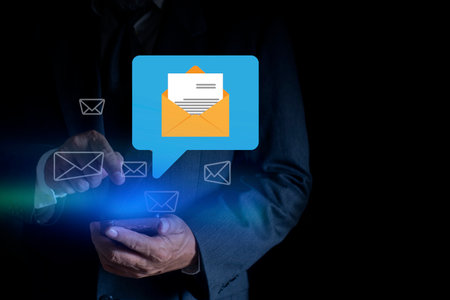 New email notification concept, Businessman using smartphone with email notification for business...