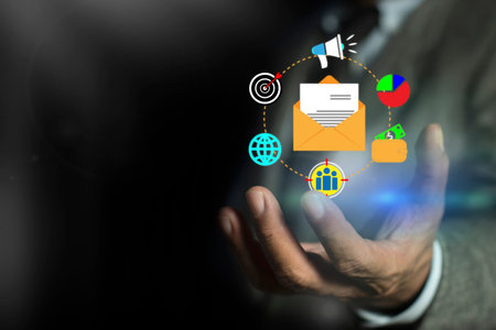 Email and sms marketing concept. Reaching target audience with e-mail click-through-rate letter. Inbound, Outbound Digital Business Strategy Advertise. ecommerce subscription rate.の写真素材