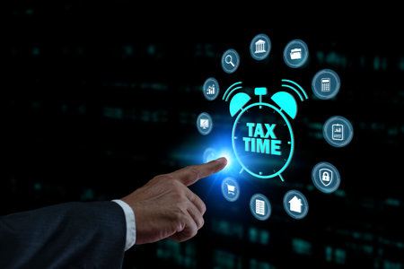 E-Filing, Government, state taxes. Data analysis, paperwork, reports. Calculation tax return. Concept of financial or income management is filing taxes online.の写真素材