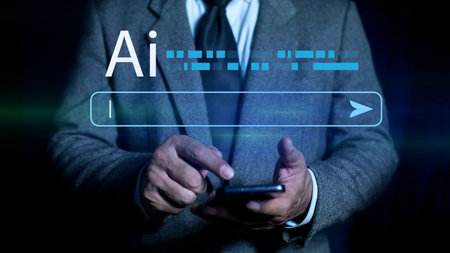 Businessman using smart phone with AI generate content with prompt. Work with chatbot and text...