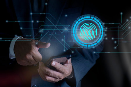 Personal access technology concept. Fingerprint identity. Man use biometric identification fingerprint scan authentication. Security of future technology.の写真素材