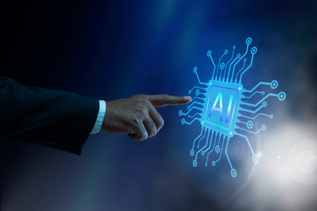 Businessman touching neural network microchip for hardware accelerated machine learning. Ai...