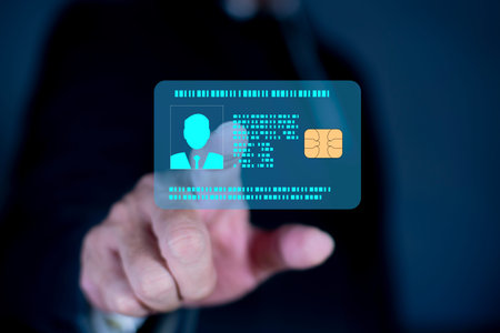 Businessman and hand pointing virtual screen of digital identification citizenship card. Online...