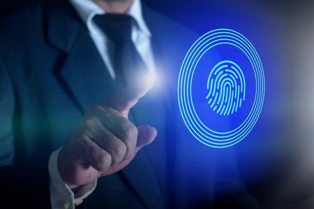 Businessman fingerprint scan and biometric authentication identify to unlocked, finger scan for...