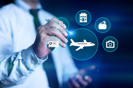 Businessman touching virtual airplane icon surrounded by travel-related symbols, Flight ticket booking concept. Global travel and aviation technology conceptの写真素材