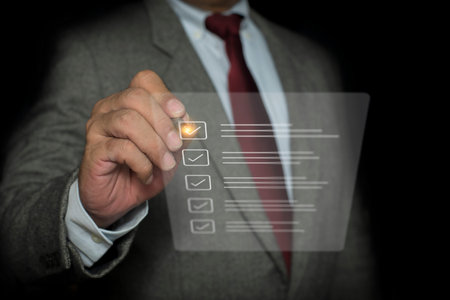 Businessman Check document and approve agreement sign on e-document digital virtual screen with...