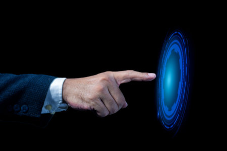Man pointing on imaginary touch screen. Connect to the future. Artificial intelligence concept
