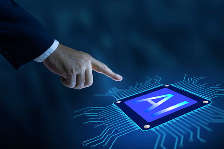 Business professional interacts with a glowing digital AI chip interface. Artificial intelligence...