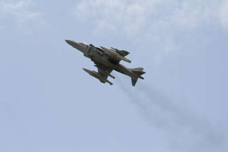 Malaga, Spain - May 28, 2011: Harrier II Plus jet flying over Malagueta beach in the Spanish Army Day.のeditorial素材