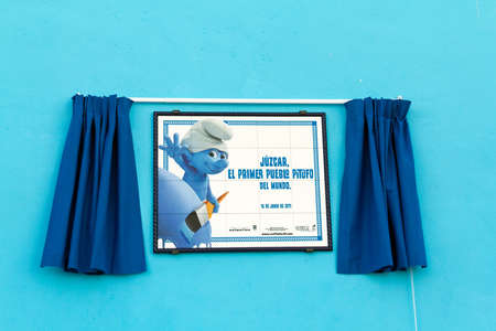 Juzcar, Malaga (Spain) - June 16, 2011: Sign of the first smurf village in the worldのeditorial素材