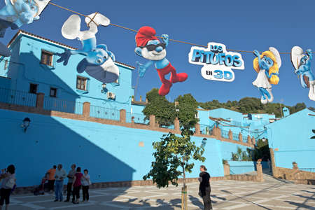 Juzcar, Malaga (Spain) - June 16, 2011: Church square decorated with smurfs signsのeditorial素材