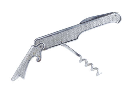 An old and rusty corkscrew with penknife isolated on white