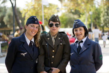 MURCIA, SPAIN - OCTOBER 15:  Soldier girls posing during a military parade. Historical military...