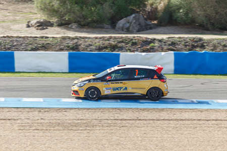 JEREZ DE LA FRONTERA, SPAIN - OCTOBER 19, 2014: Fabio Mota of Lema Racing Team  drives his car during qualifying session at Jerez racetrackのeditorial素材