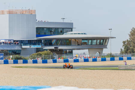 JEREZ DE LA FRONTERA, SPAIN - OCTOBER 19, 2014: Nicholas Latifi of Tech 1 Racing Team drives his car at Jerez racetrackのeditorial素材