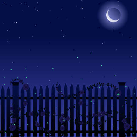 Picket fence with roses at nightのイラスト素材