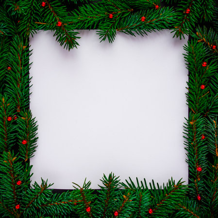 Creative layout made of Christmas tree branches with paper card noteの写真素材