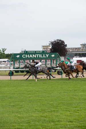 CHATILLY, FRANCE - JUNE 2013: Third Course of the Prize of Diane Longines on June 16, 2013 in Chantilly. Course name: Grand Handicap Longines.のeditorial素材
