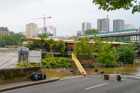 PARIS, FRANCE - JUNE 4: Paris flood with high water on June 4, 2016 in Paris, France. Makeshift bridge #2のeditorial素材