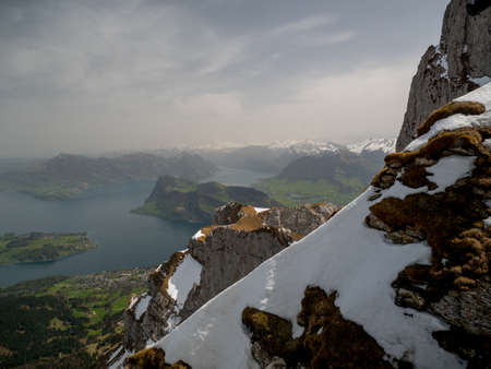 Scenic view of Swiss Alps with snow on topの写真素材