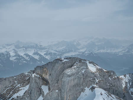 Scenic view of Swiss Alps with snow on topの写真素材