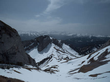 Scenic view of Swiss Alps cloudy spring dayの写真素材