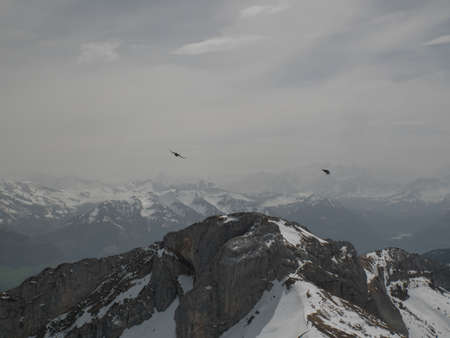 Scenic view of Swiss Alps with snow on topの写真素材